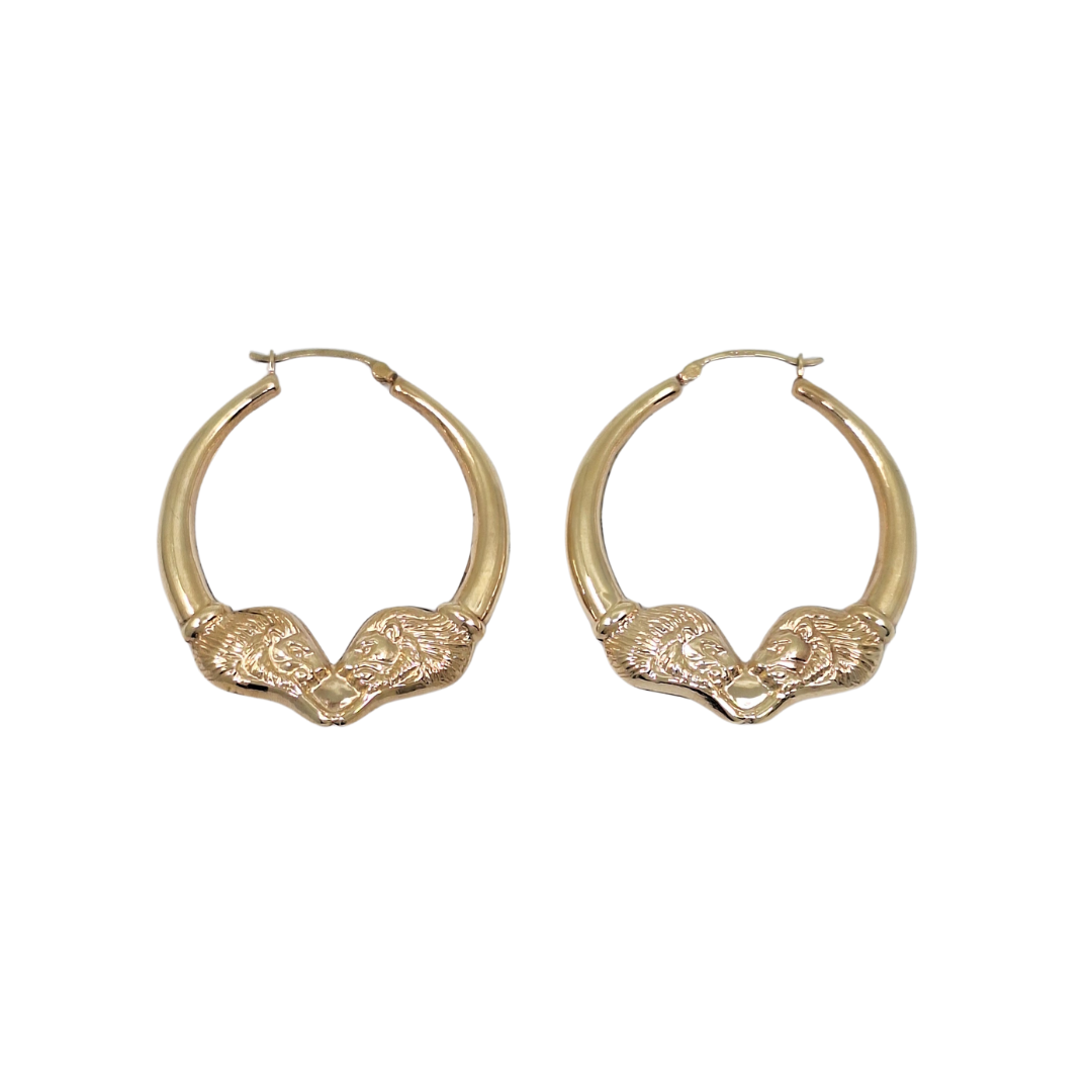 9ct Yellow Gold Lion Head Creole Earrings