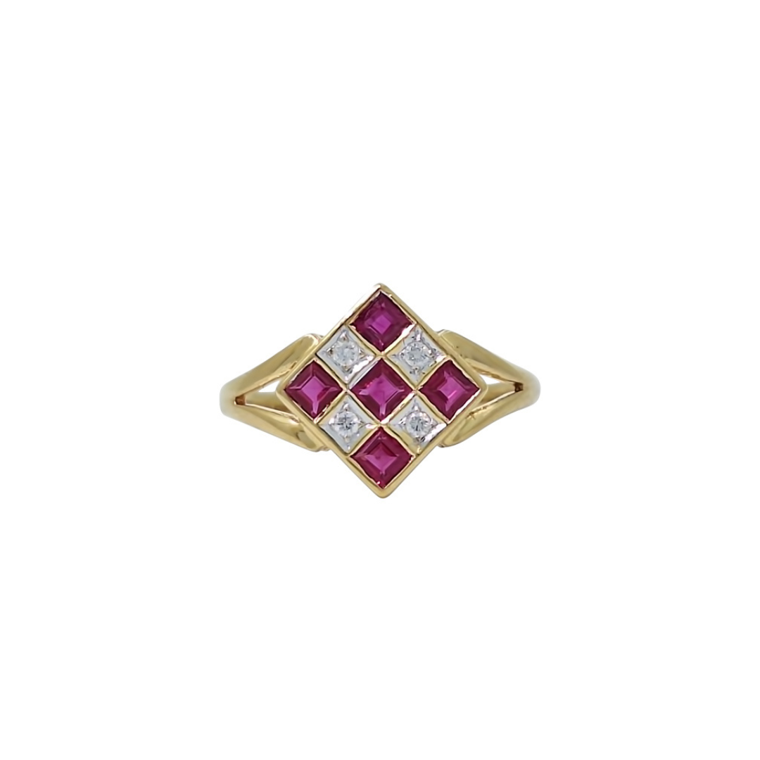 18ct Yellow Gold Synthetic Ruby & Diamond Ring