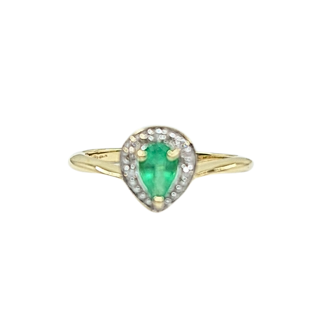 9ct Yellow Gold Emerald & Diamond Pear Cluster Ring