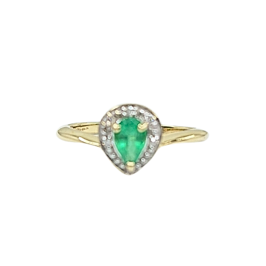 9ct Yellow Gold Emerald & Diamond Pear Cluster Ring