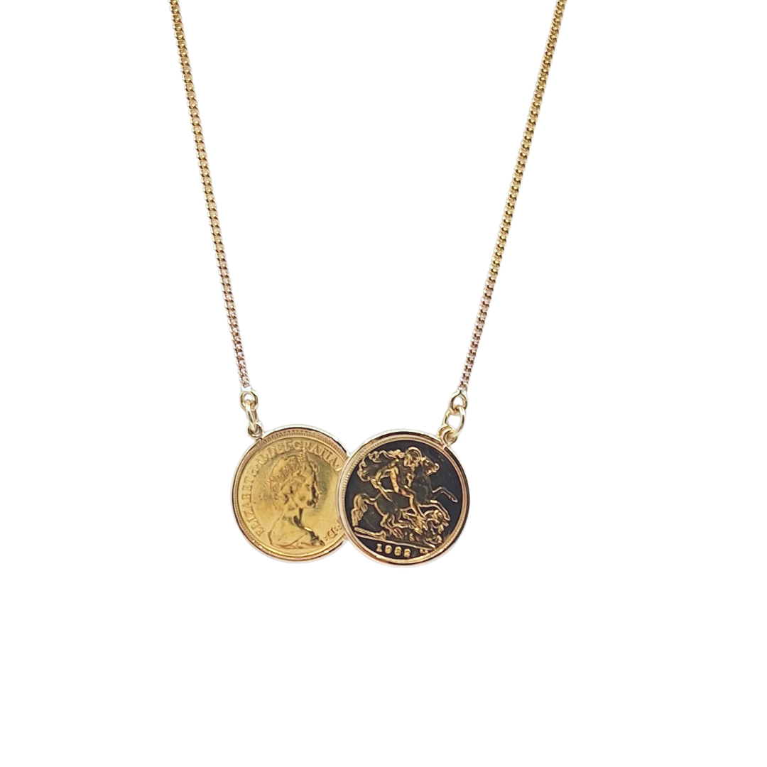 9ct Yellow Gold Two Half Sovereign Coin Necklace 1982