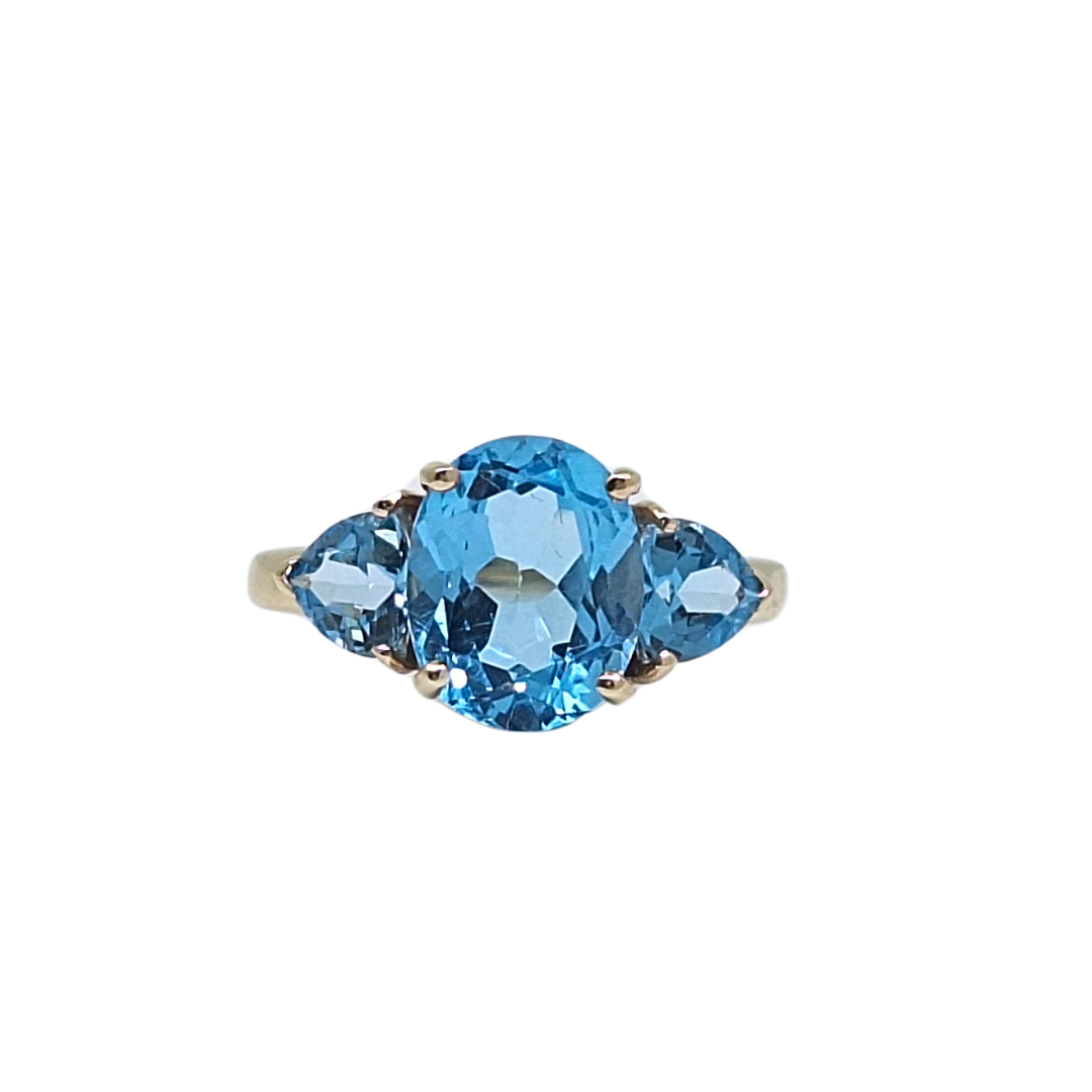 9ct Yellow Gold Blue Topaz Three Stone Ring