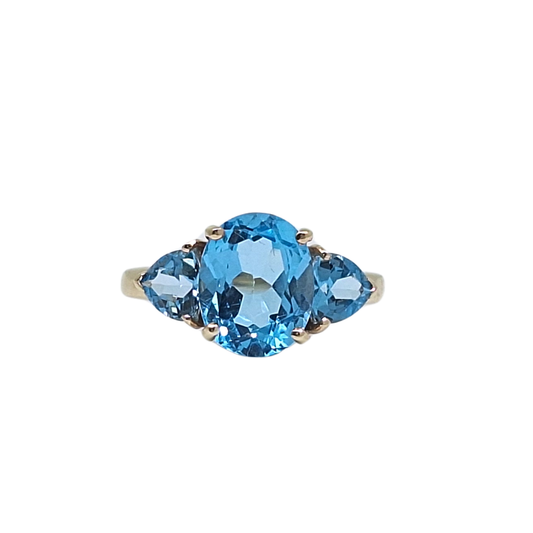 9ct Yellow Gold Blue Topaz Three Stone Ring