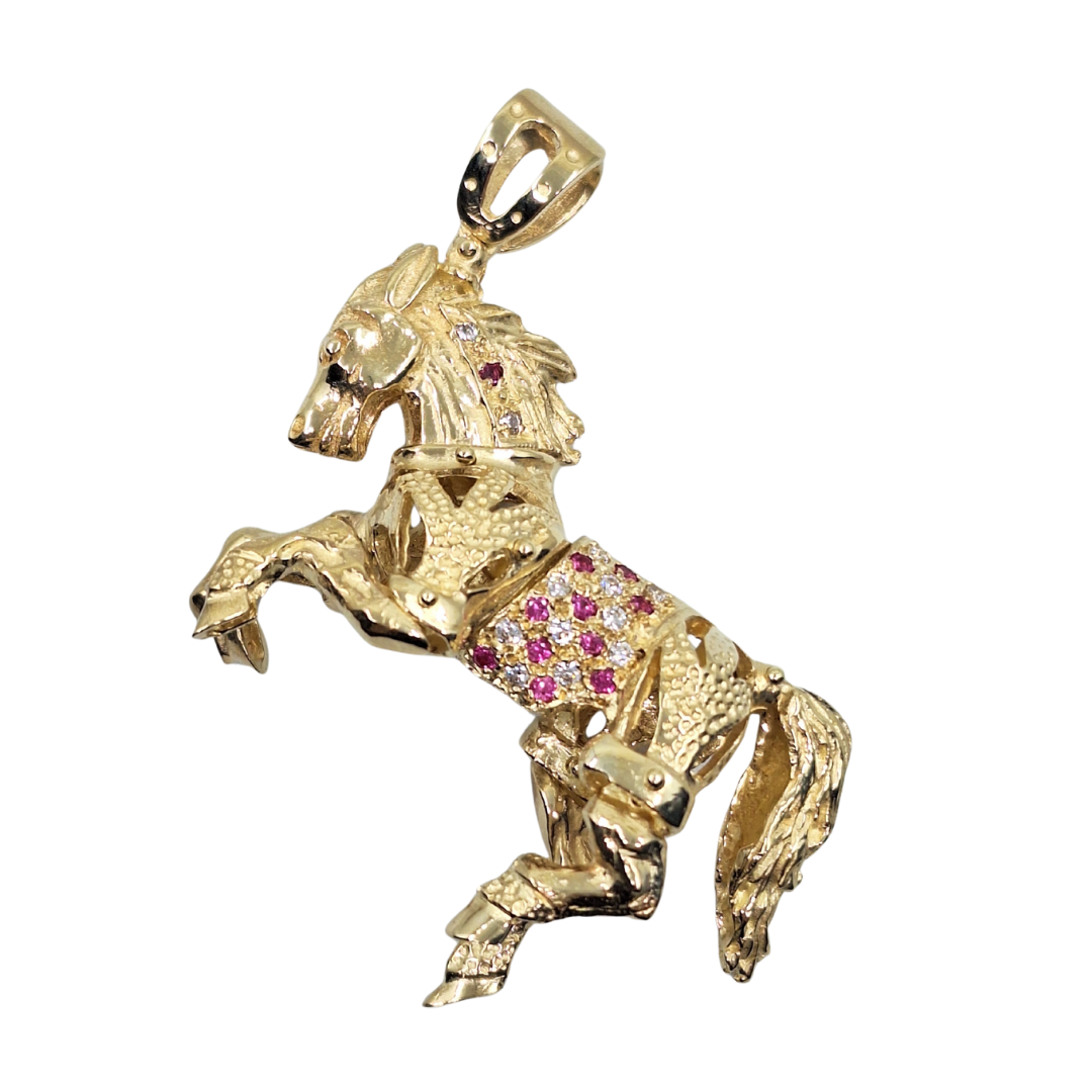 9ct Yellow Gold Pink & White Cubic Zirconia Horse Pendant