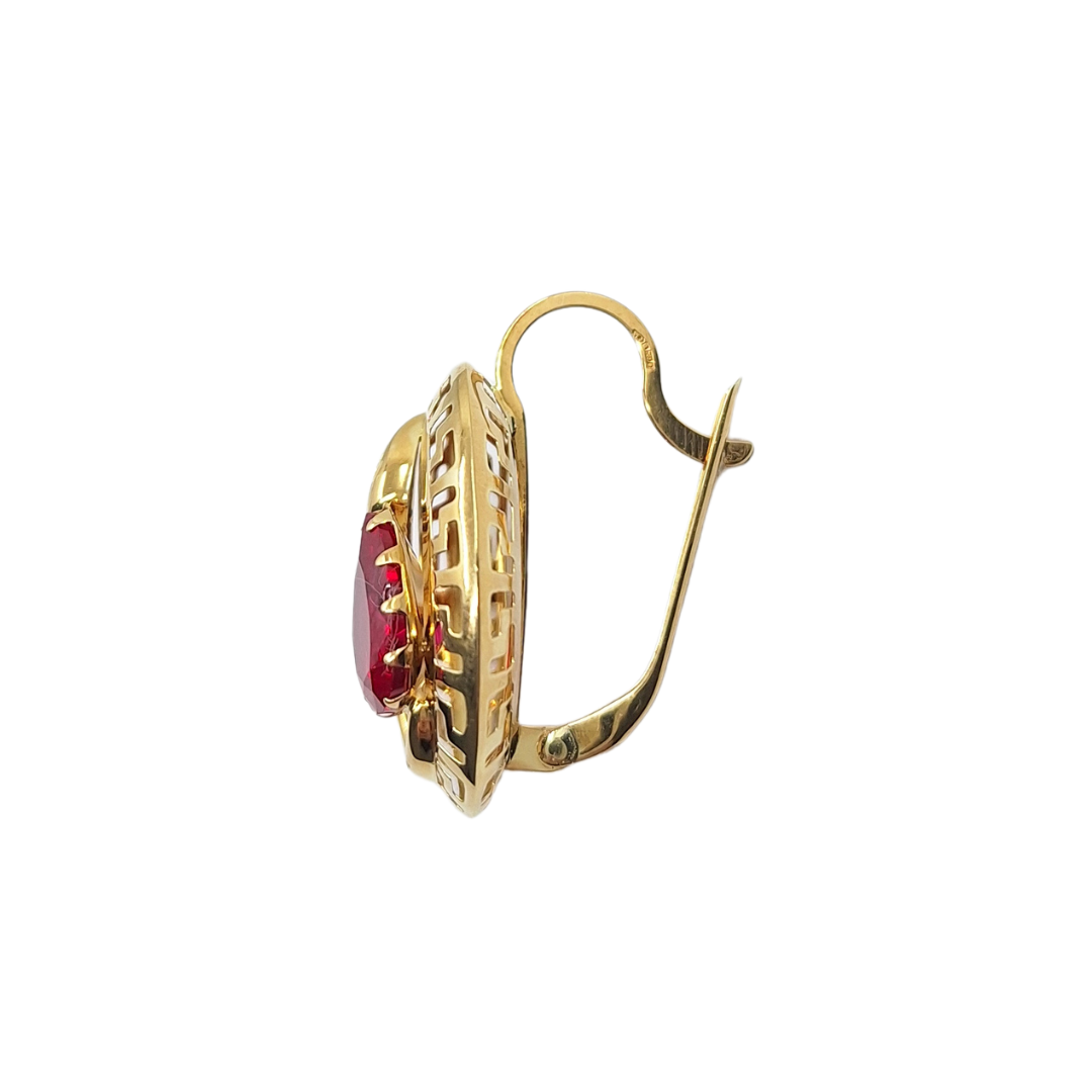 14ct Yellow Gold Red Cubic Zirconia Greek Key Earrings