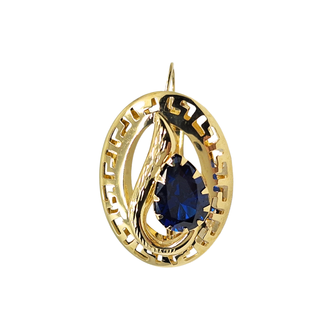 14ct Yellow Gold Greek Key Blue Cubic Zirconia Drop Earrings