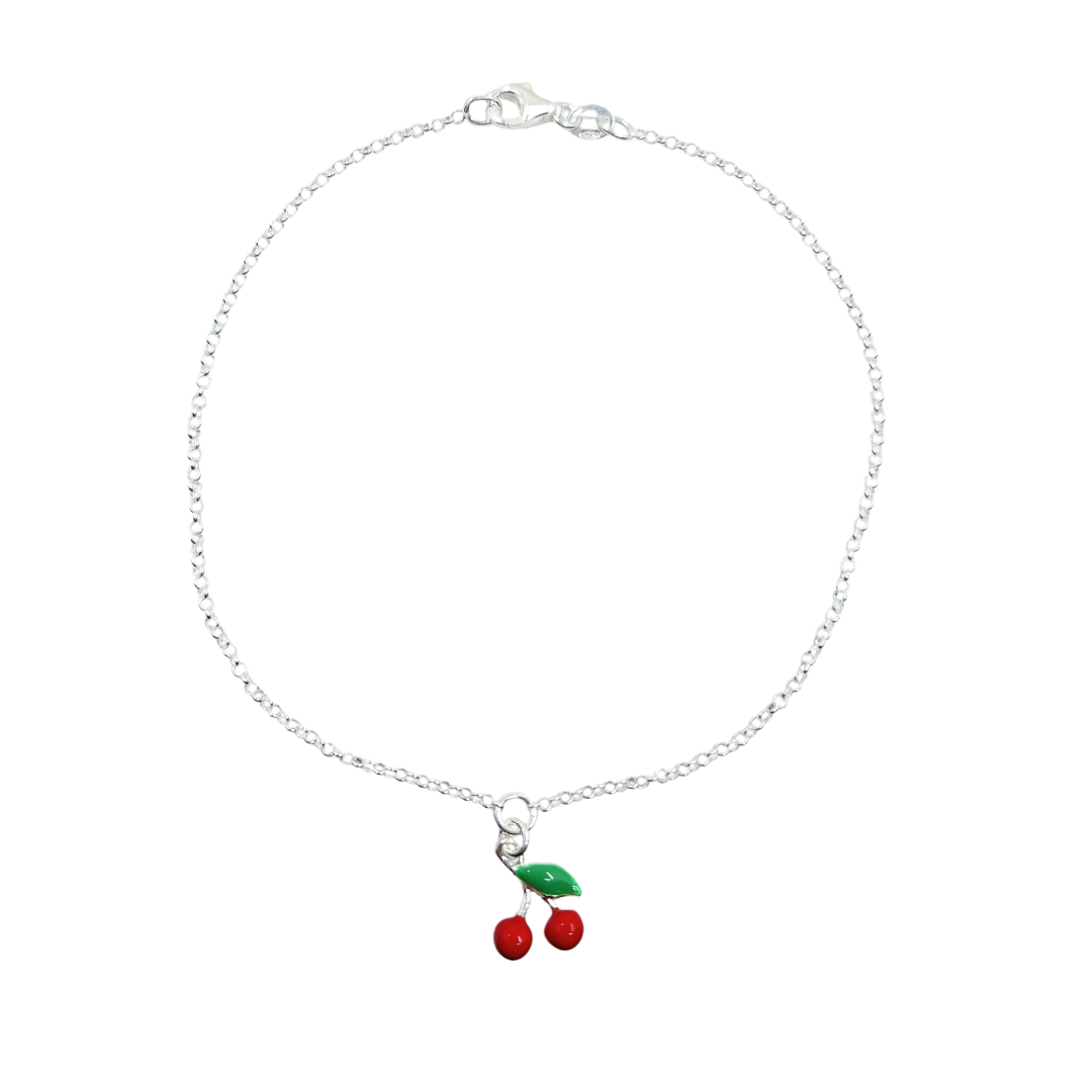 Silver Enamel Cherry Anklet 10"