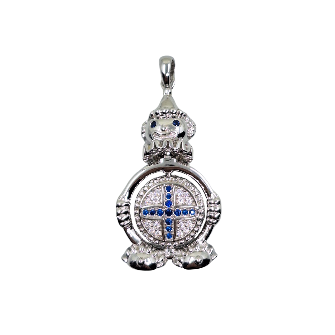 Silver Blue & White Cubic Zirconia Clown With Spinning Belly Pendant