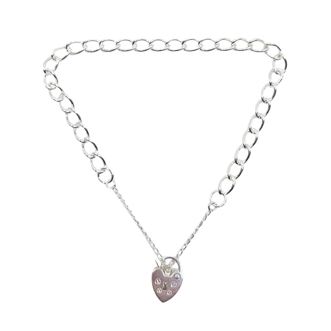 Silver Charm Bracelet With Heart Padlock 7"