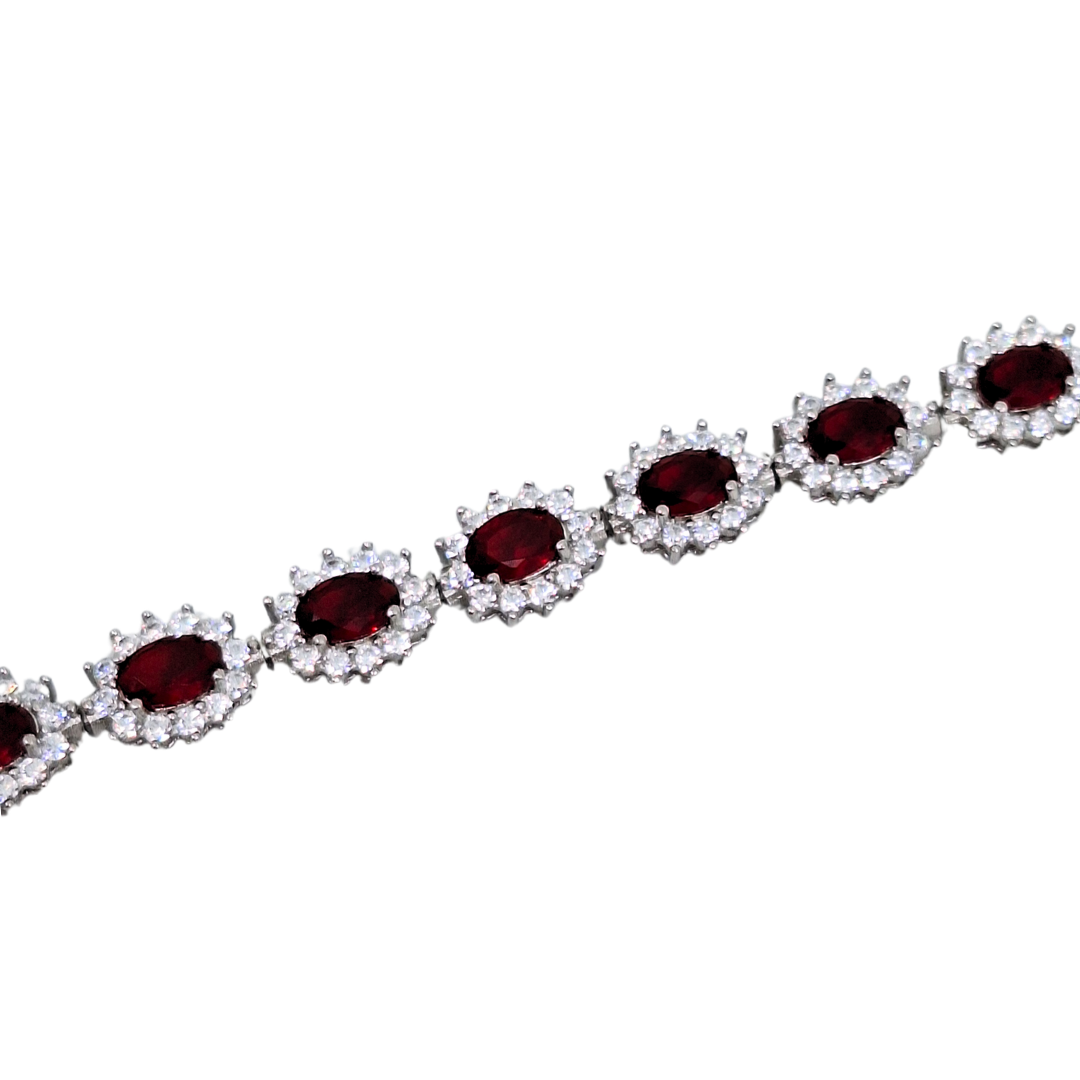 Silver Red Cubic Zirconia Halo Bracelet 7.5"
