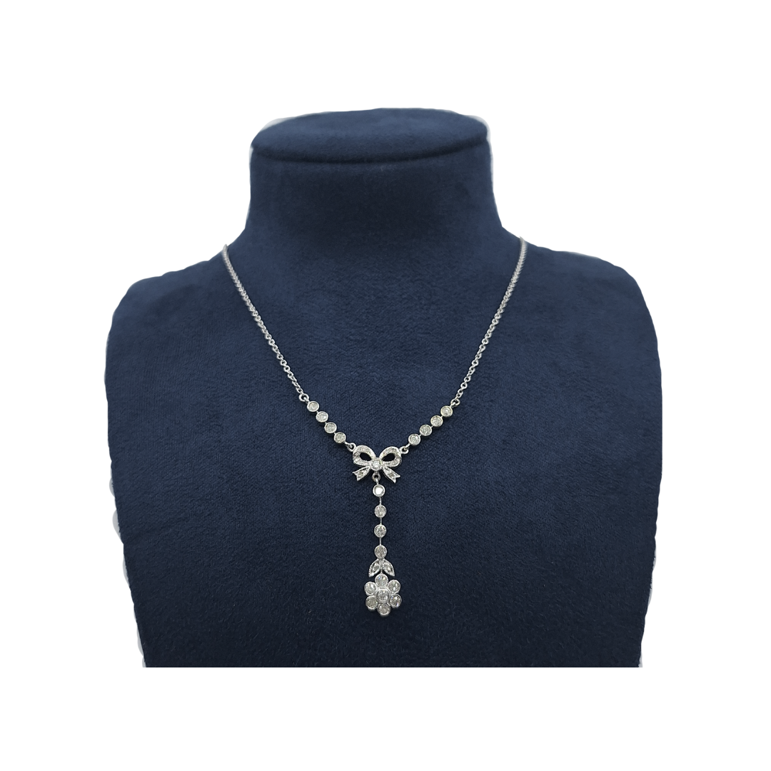 18ct White Gold Flower & Bow Diamond Drop Pendant 18"
