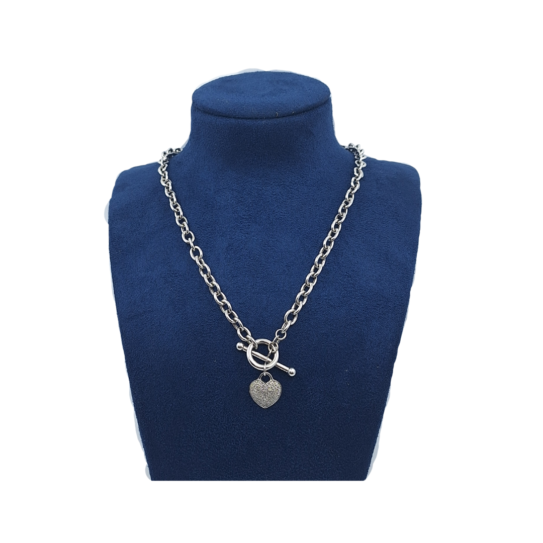 9ct White Gold Diamond Heart T Bar Chain 17"