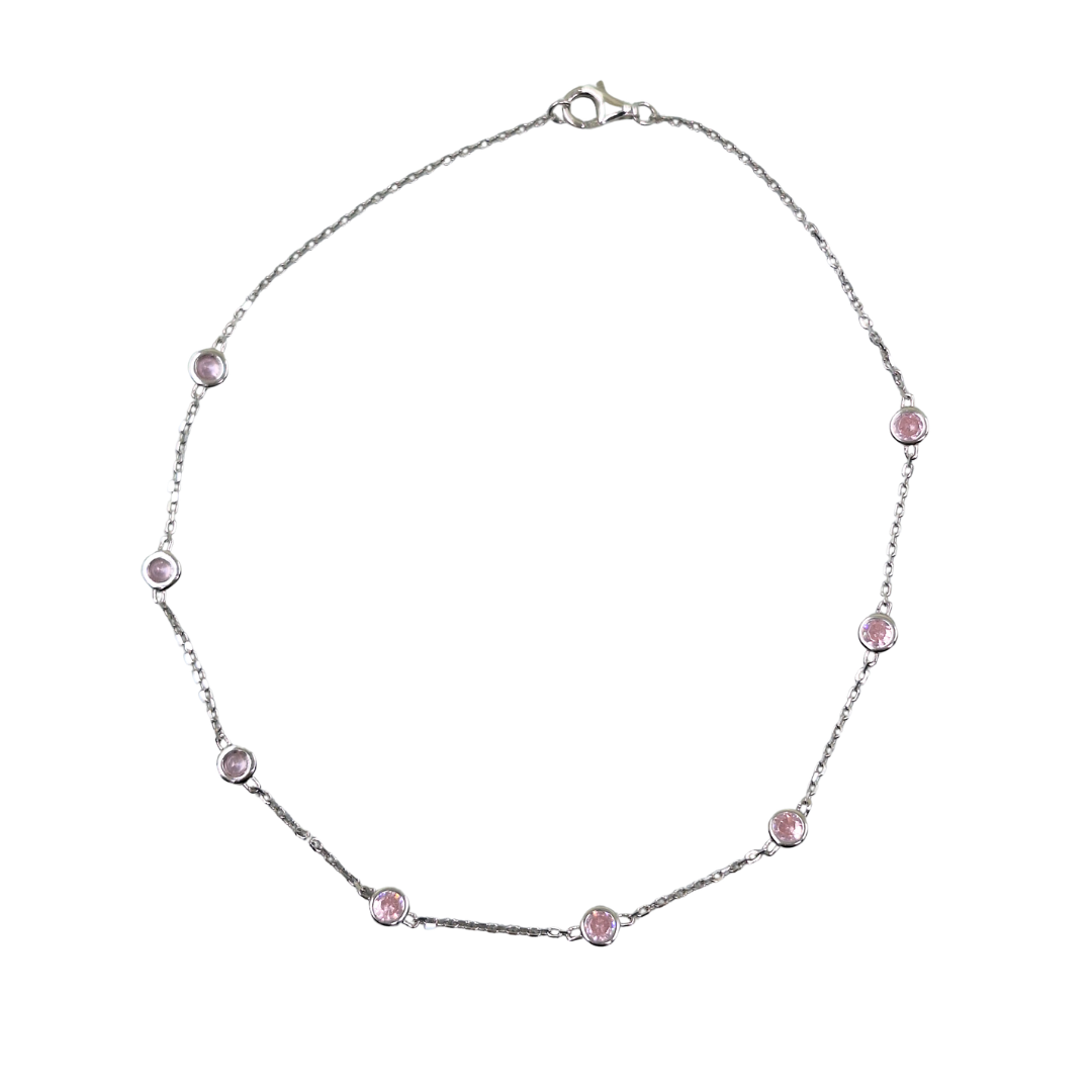 Silver Pink Cubic Zirconia Anklet 10"
