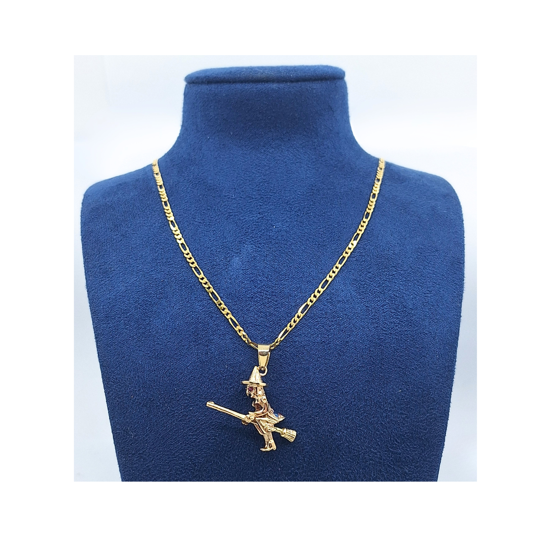 9ct Yellow Gold CZ Witch & Figaro Chain 26"
