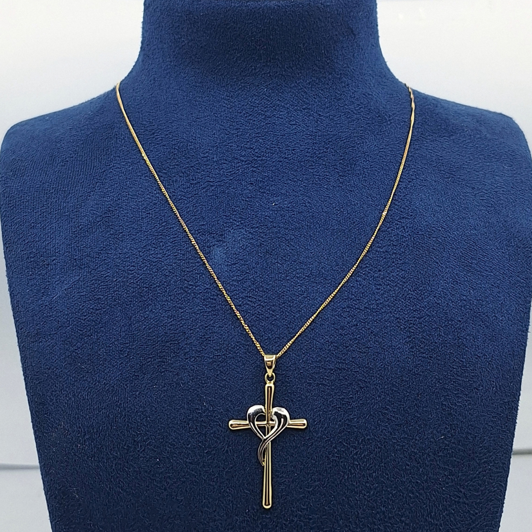 9ct Yellow & White Gold Heart Cross Pendant & Chain 18"