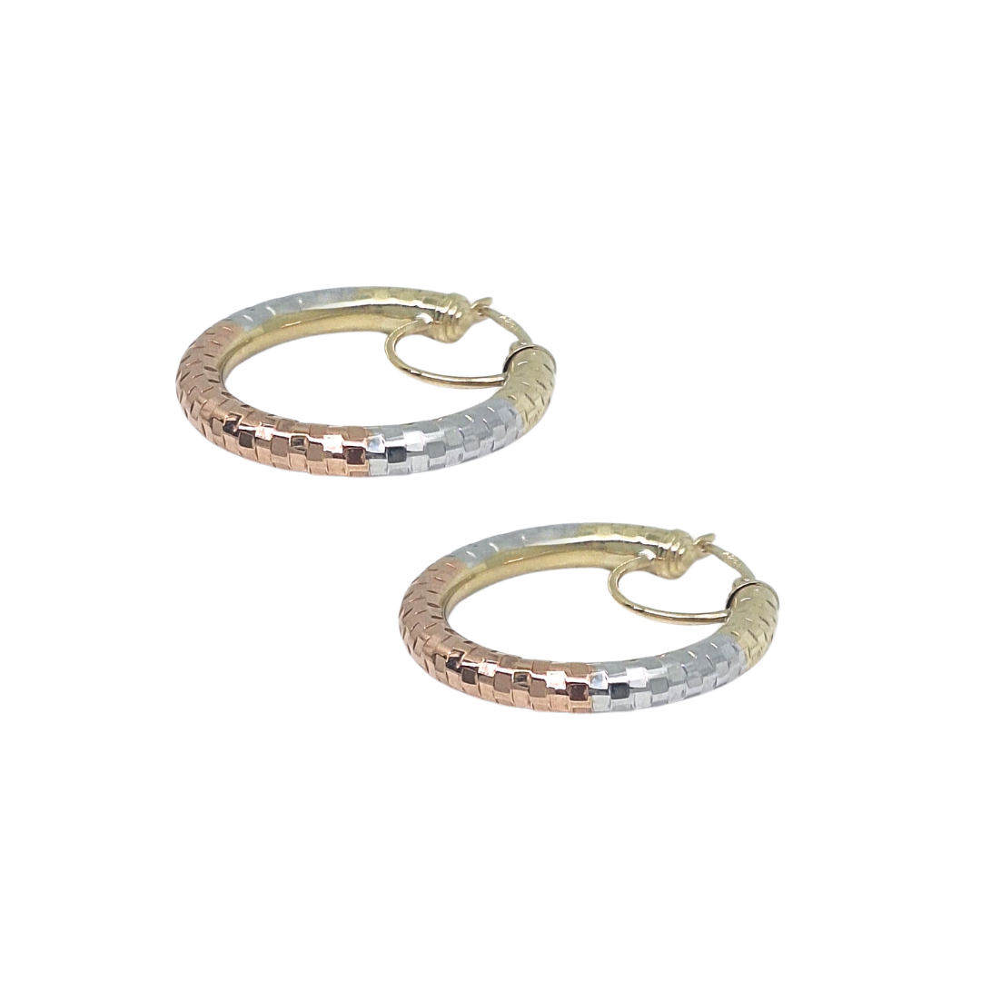 9ct Three Colour Gold Faceted Creole Earrings