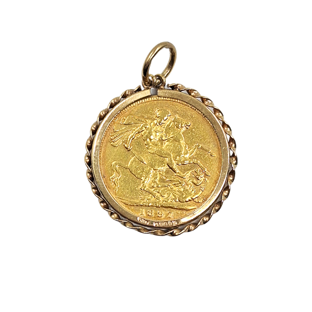 9ct/22ct Yellow Gold Full Sovereign Pendant 1897
