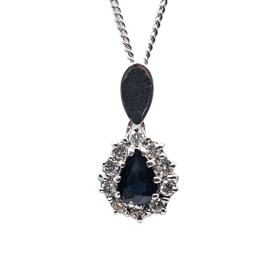 9ct White Gold Pear Shape Sapphire & Diamond Cluster Necklace
