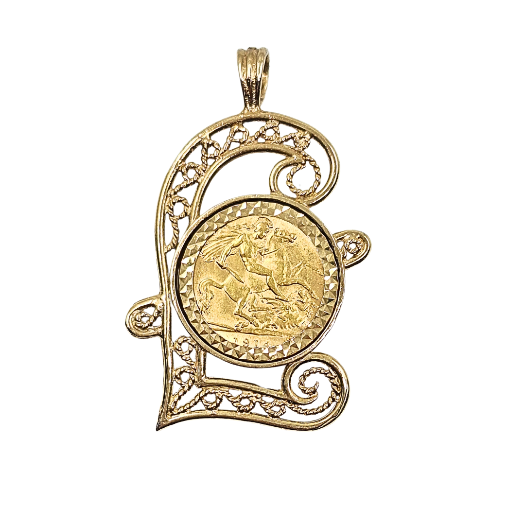 9ct/22ct Yellow Gold Half Sovereign Pound Pendant 1914
