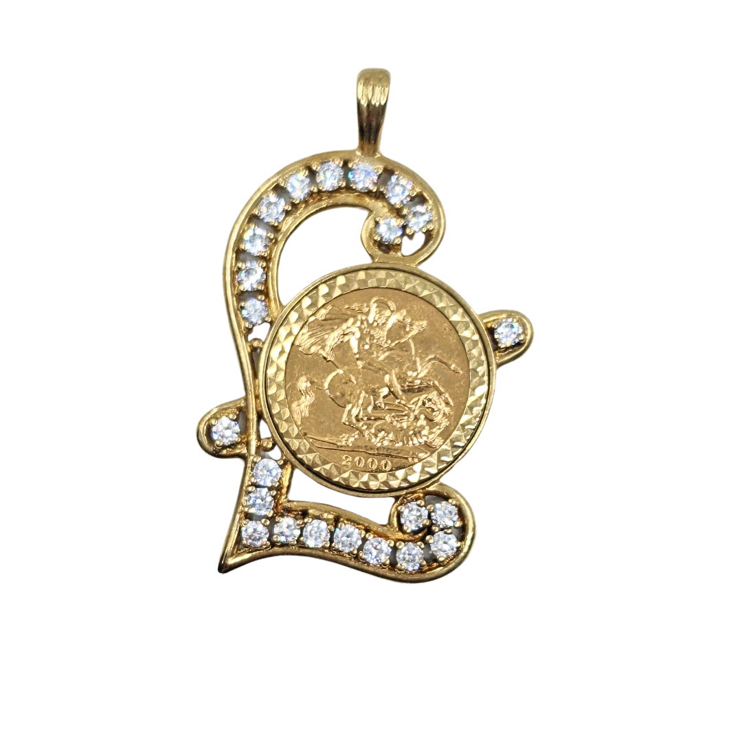 9ct/22ct Yellow Gold Cubic Zirconia Full Sovereign Pound Pendant 2000