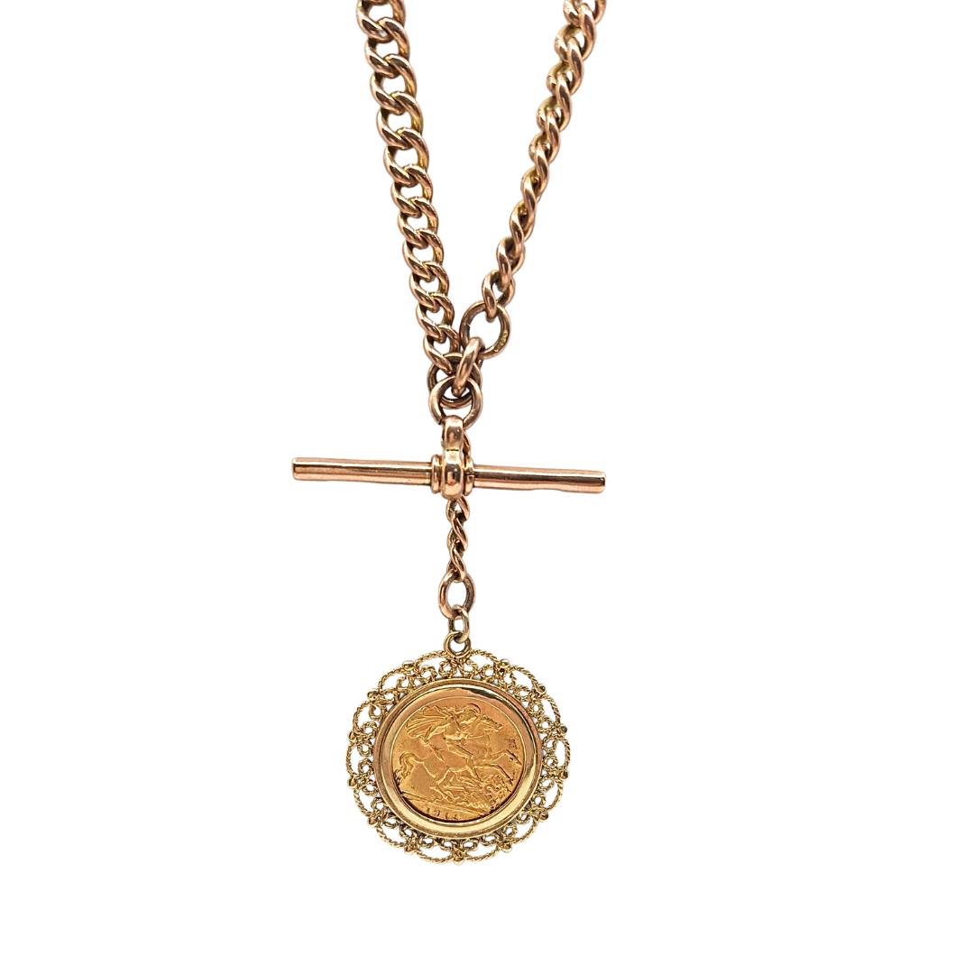 9ct Rose Gold Albert Chain With Half Sovereign 1911