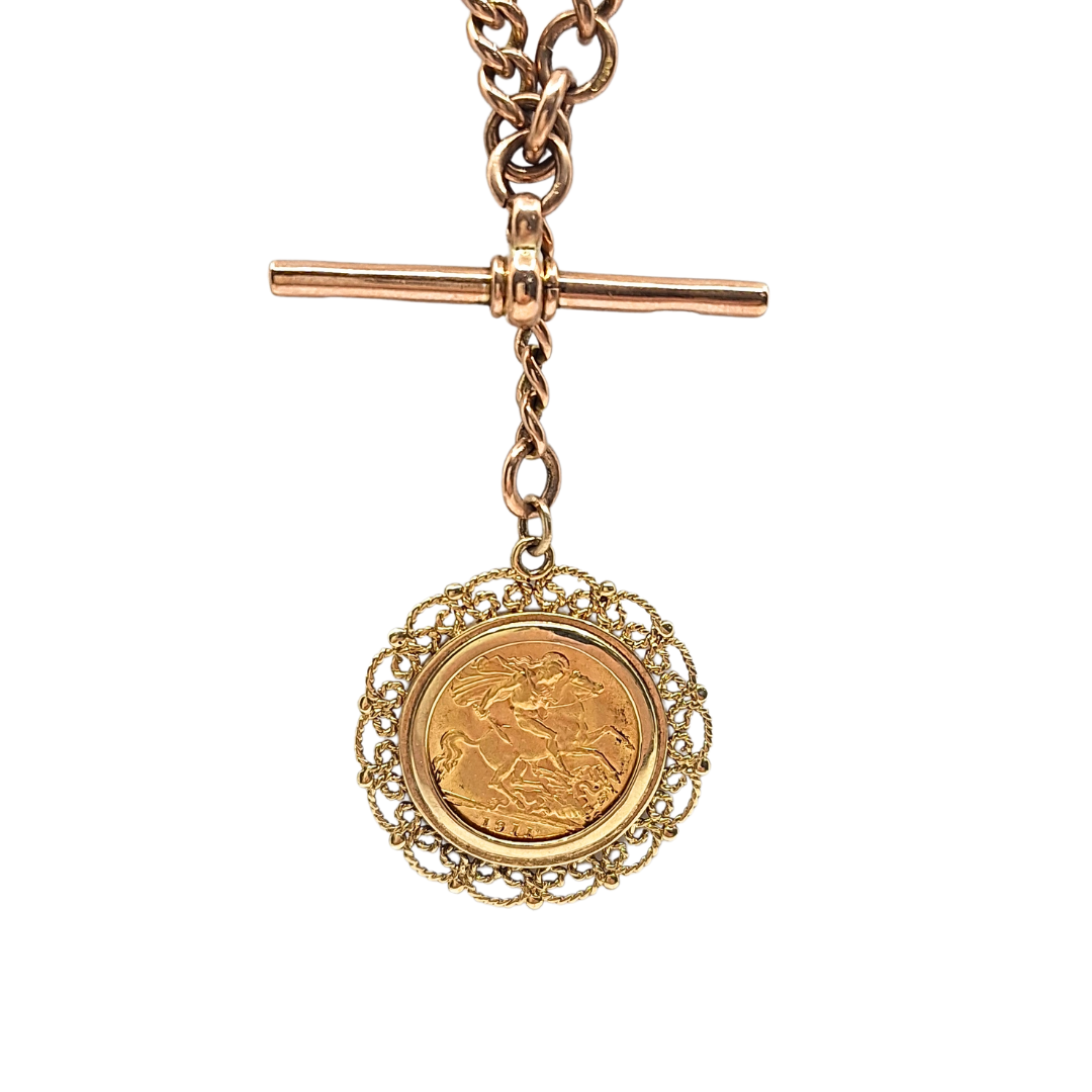 9ct Rose Gold Albert Chain With Half Sovereign 1911