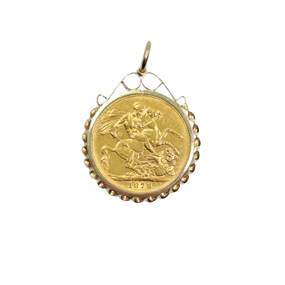 9ct/22ct Yellow Gold Full Sovereign Pendant 1879