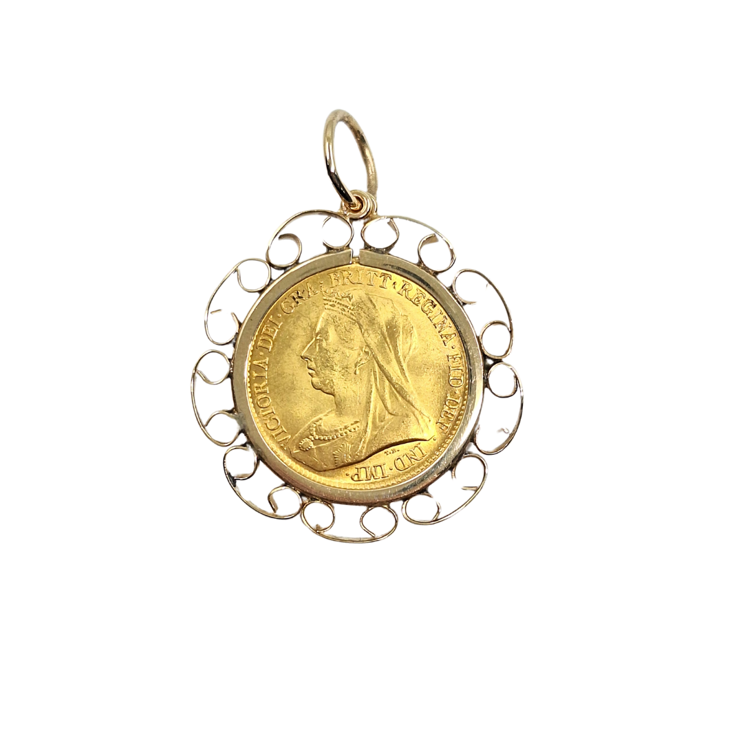 9ct/22ct Yellow Gold Half Sovereign Pendant 1893