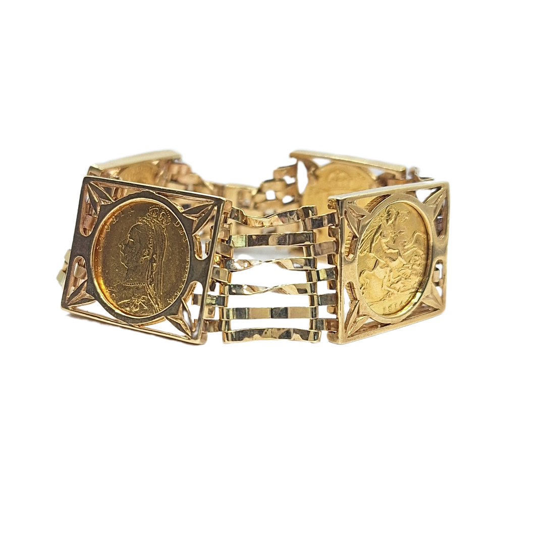 9ct/22ct Gate Bracelet With 4 Half Sovereign Coins 1890 1914 1892 1893