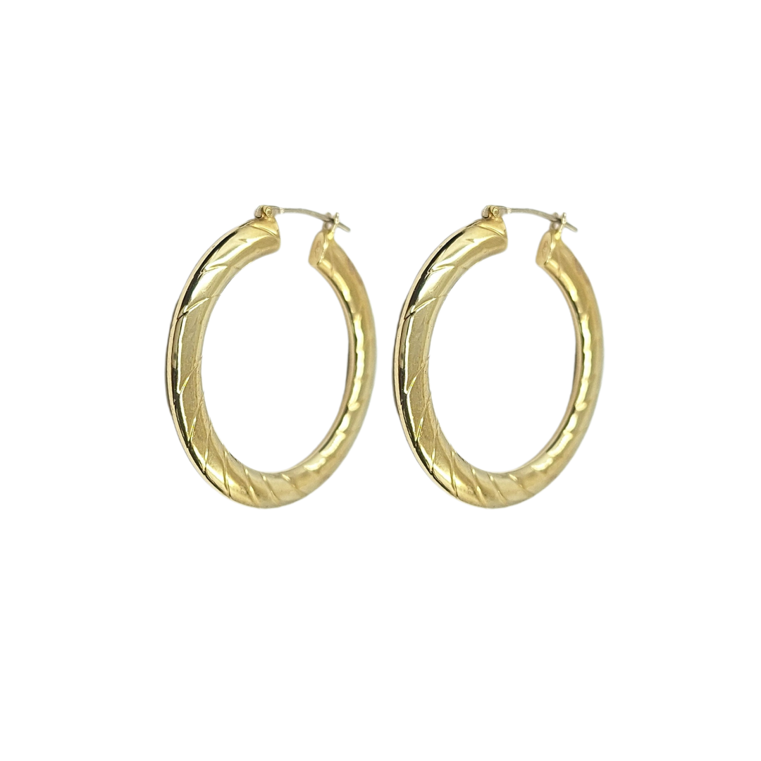9ct Yellow Gold Line Pattern Creole Hoop Earrings