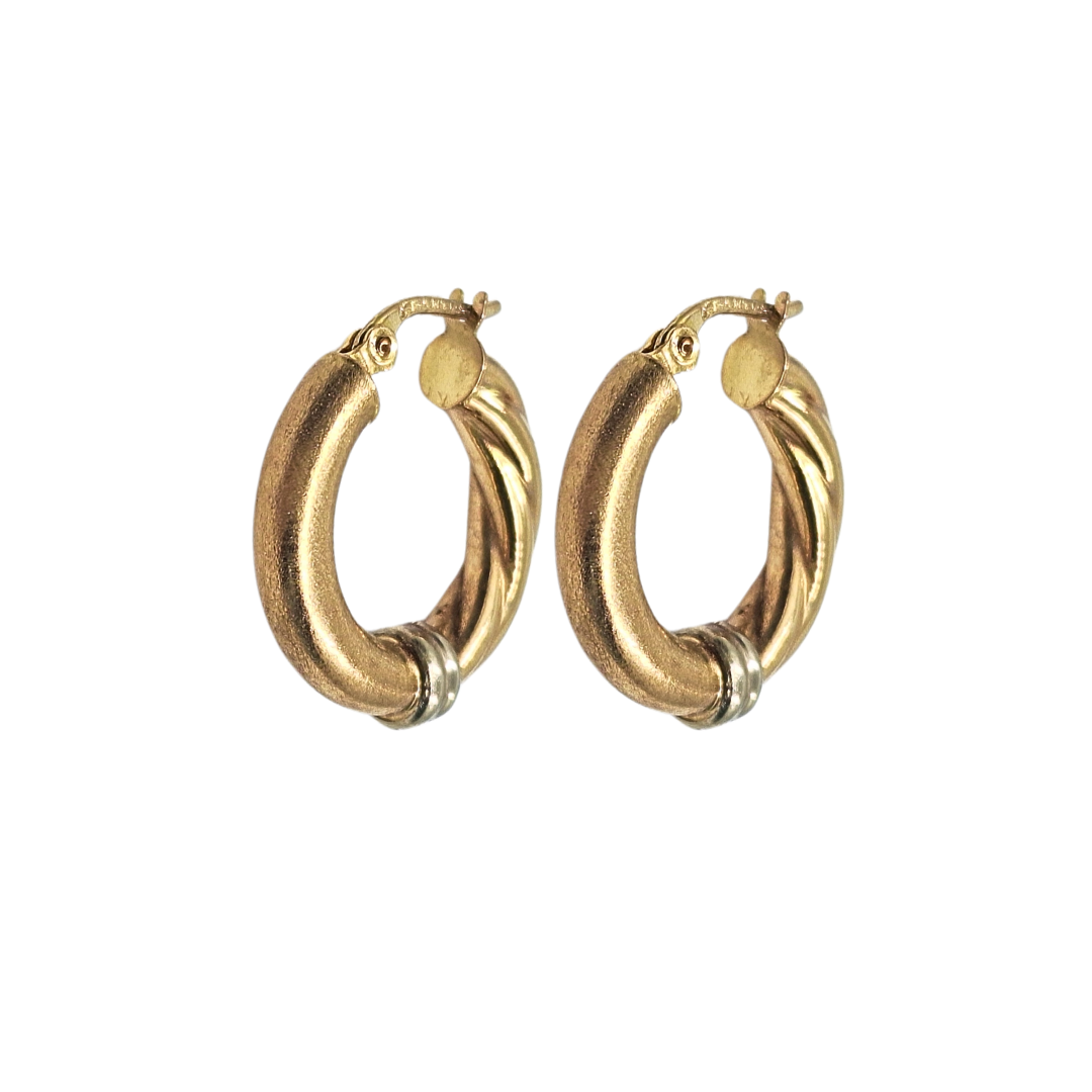 9ct 2 Colour Gold Twist & Frosted Round Creole Earrings