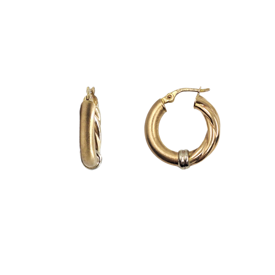 9ct 2 Colour Gold Twist & Frosted Round Creole Earrings