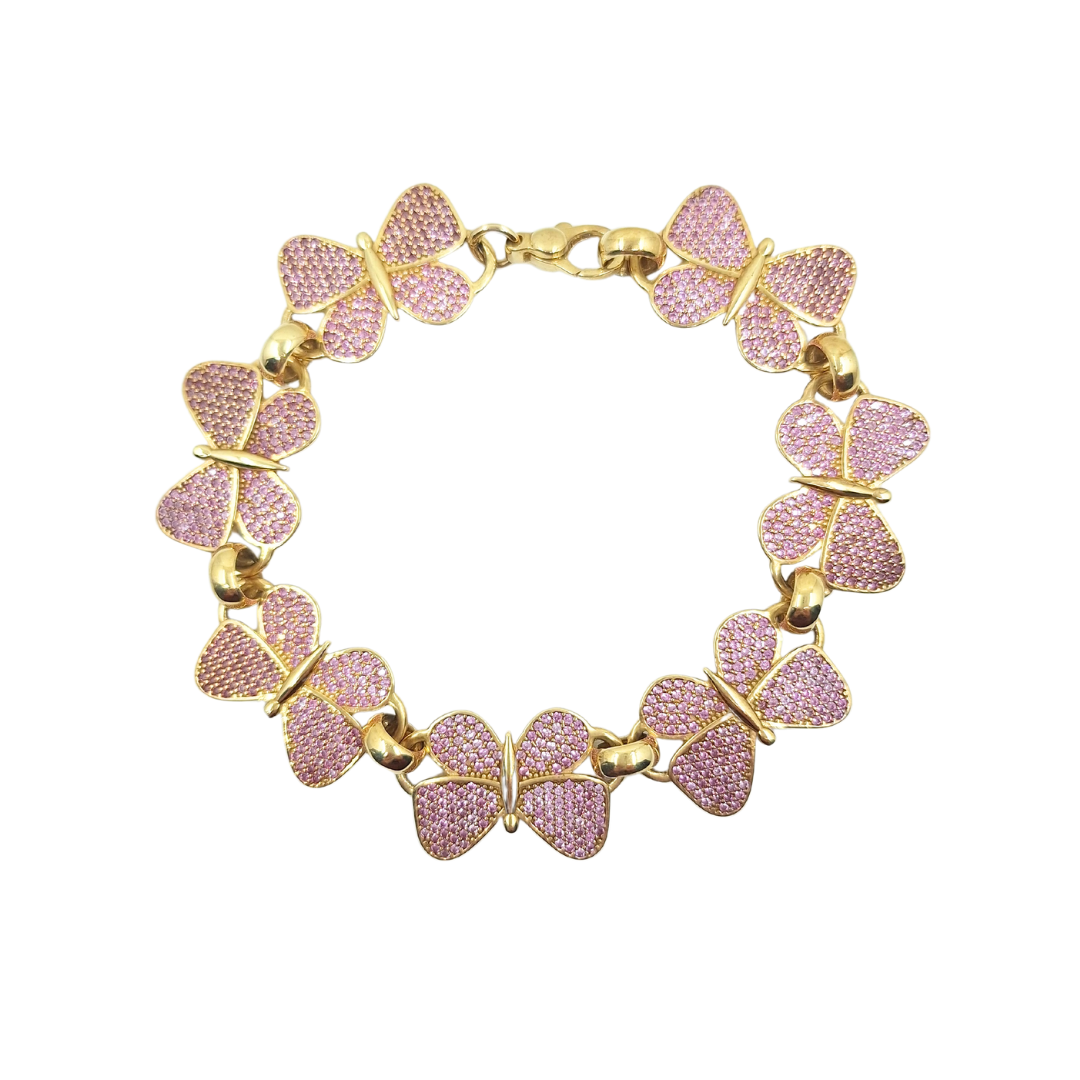 9ct Yellow Gold Pink Cubic Zirconia Butterfly Link Bracelet 8.5"