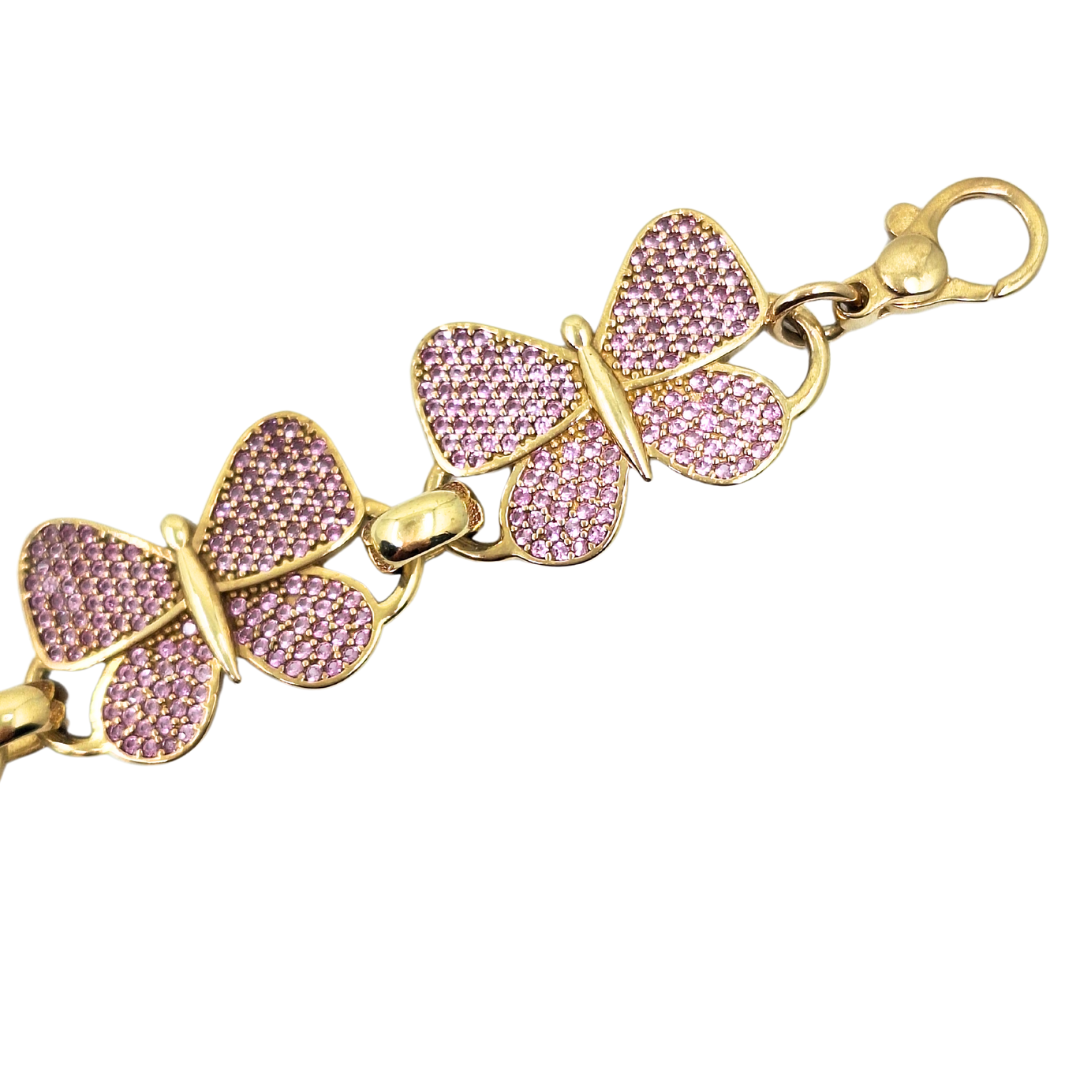 9ct Yellow Gold Pink Cubic Zirconia Butterfly Link Bracelet 8.5"