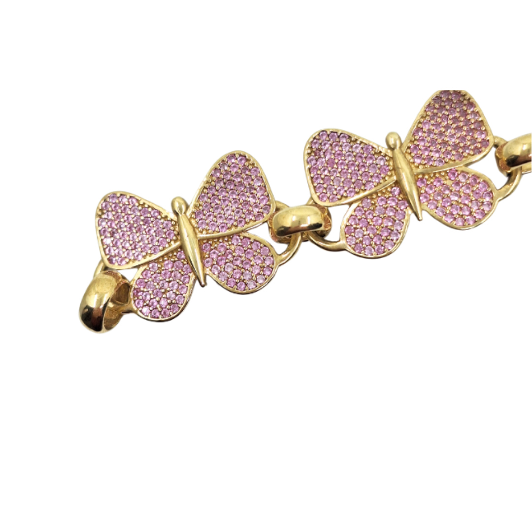 9ct Yellow Gold Pink Cubic Zirconia Butterfly Link Bracelet 8.5"