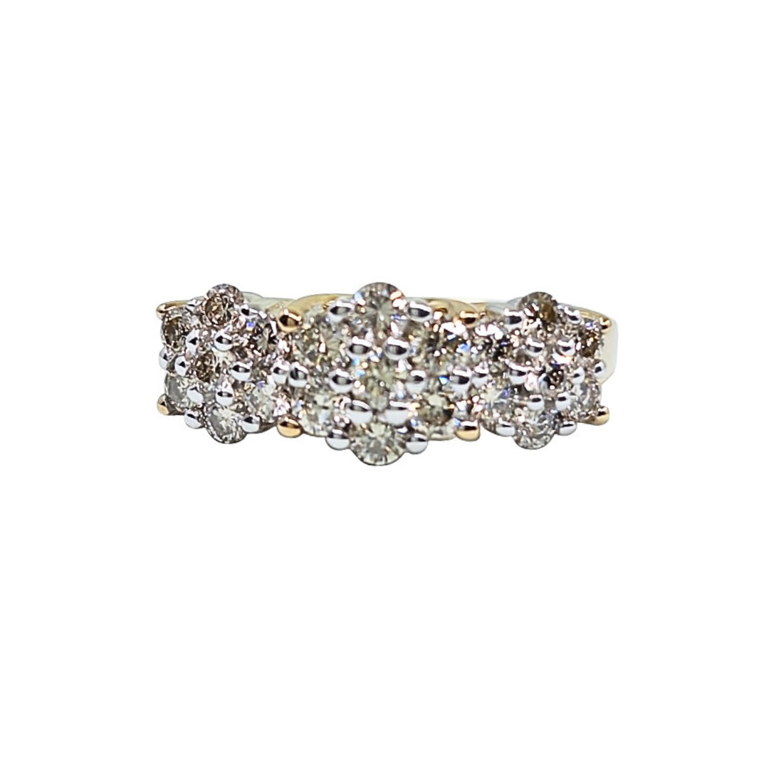 9ct Yellow Gold Triple Flower Diamond Cluster Ring 1ct