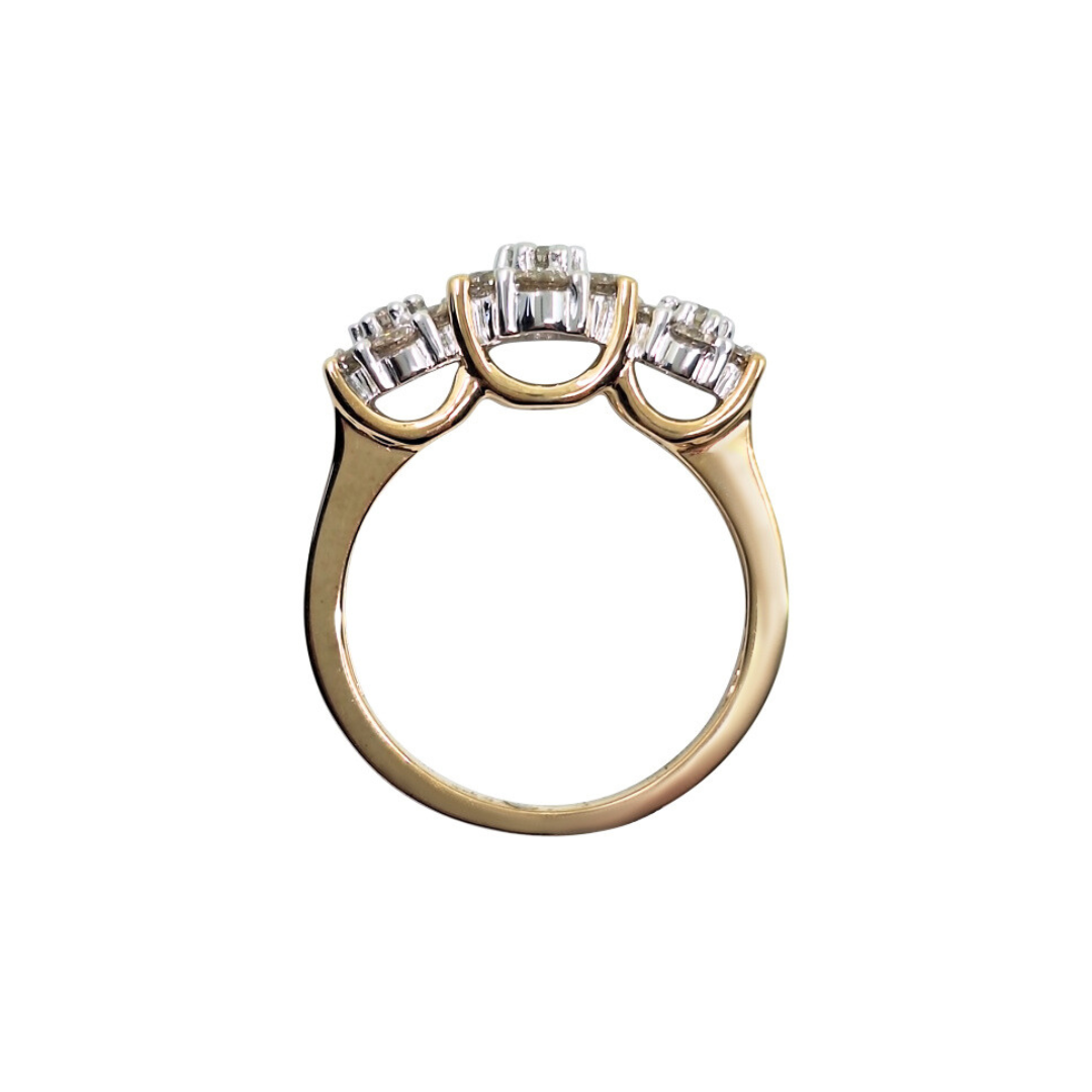 9ct Yellow Gold Triple Flower Diamond Cluster Ring 1ct