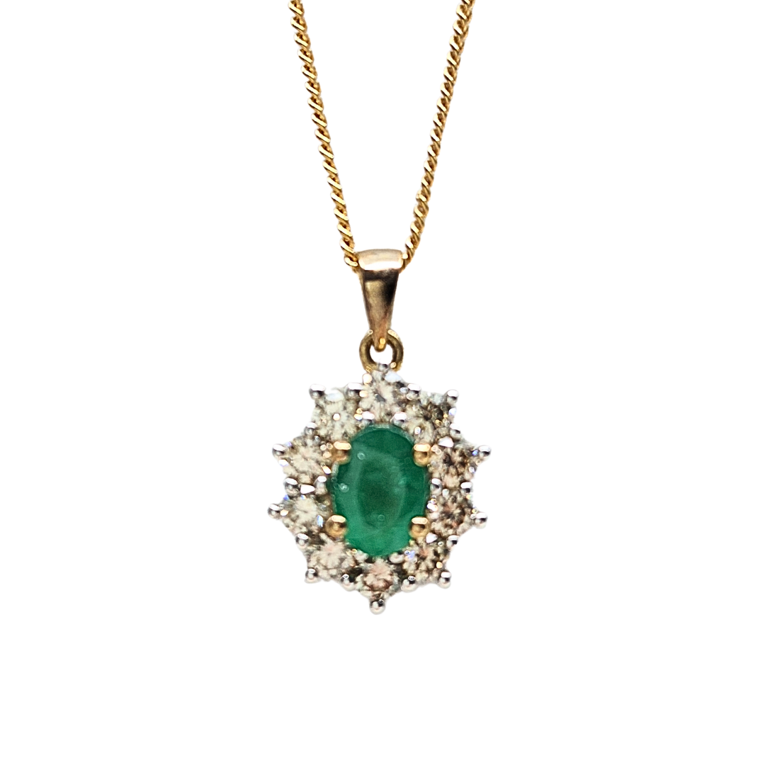9ct Yellow Gold Emerald & Diamond Cluster Pendant