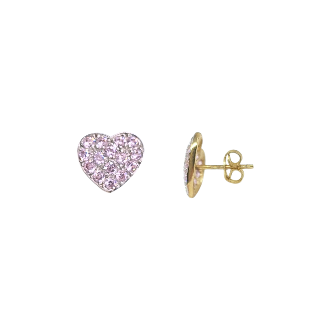 9ct Yellow Gold Pink Cubic Zirconia Heart Cluster Stud Earrings