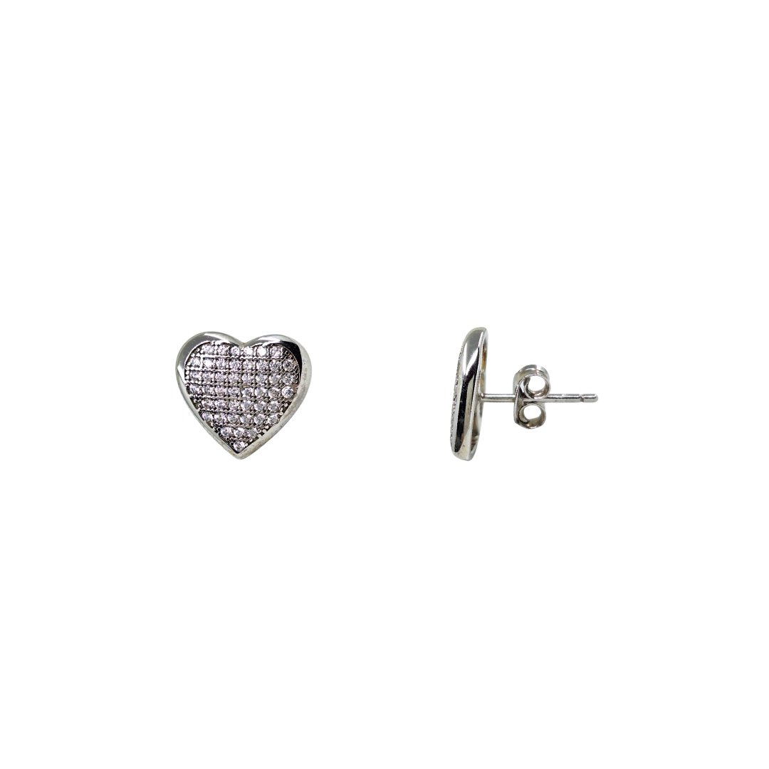 Silver Pave Cubic Zirconia Heart Stud Earrings