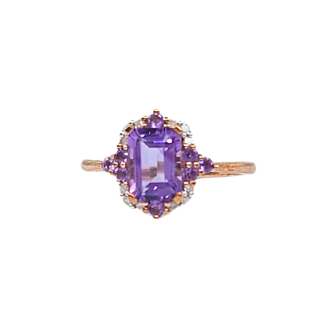 9ct Rose Gold Amethyst & Diamond Cluster Ring