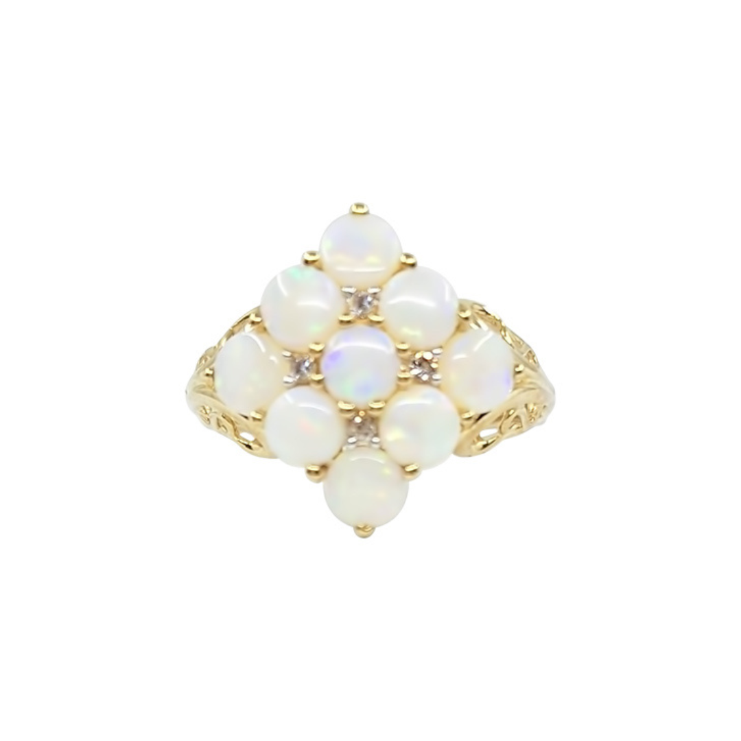 9ct Yellow Gold Opal & Diamond Cluster Ring