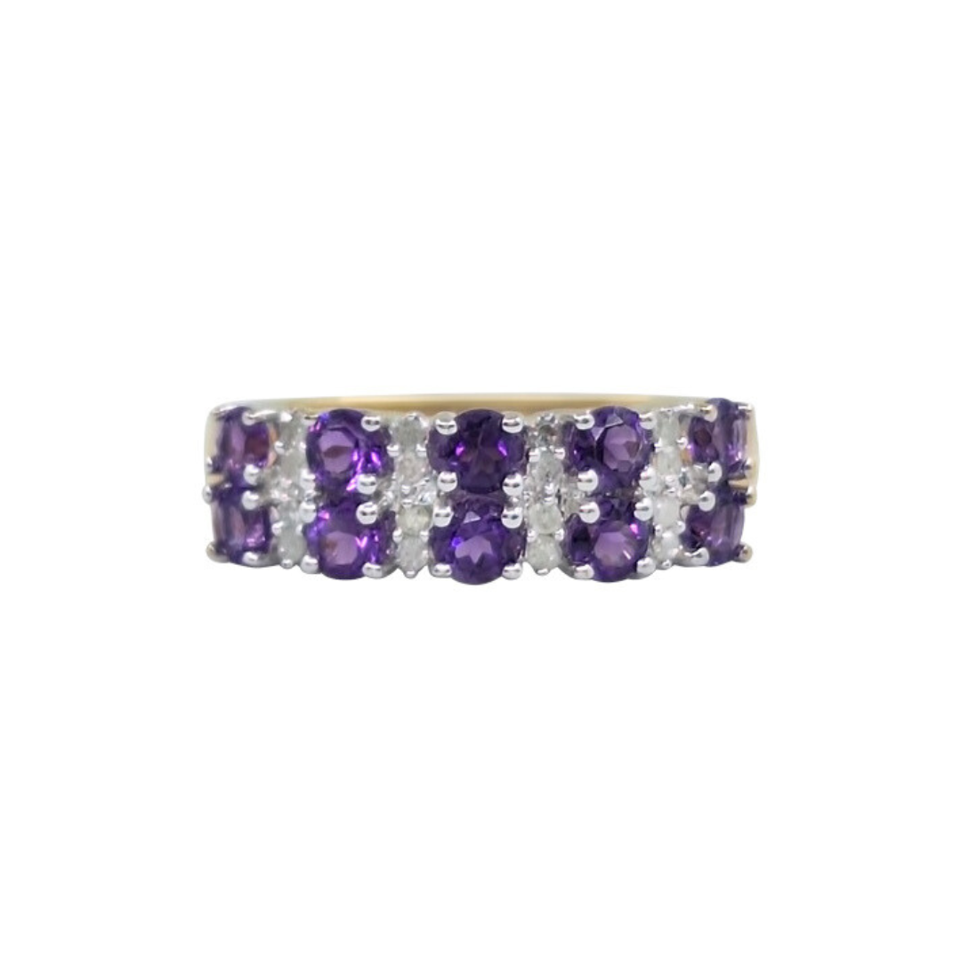 9ct Yellow Gold Amethyst & Diamond 2 Row Band Ring