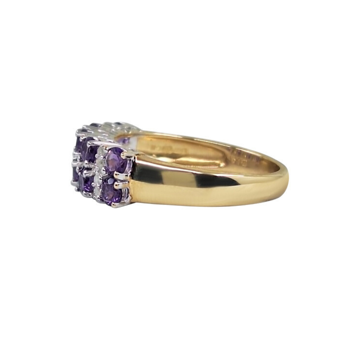 9ct Yellow Gold Amethyst & Diamond 2 Row Band Ring