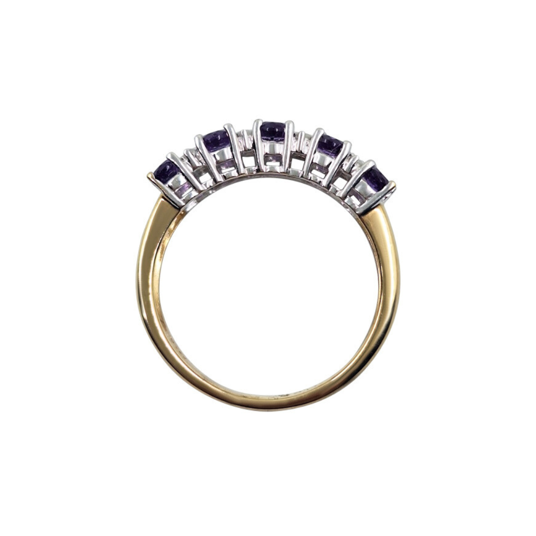 9ct Yellow Gold Amethyst & Diamond 2 Row Band Ring