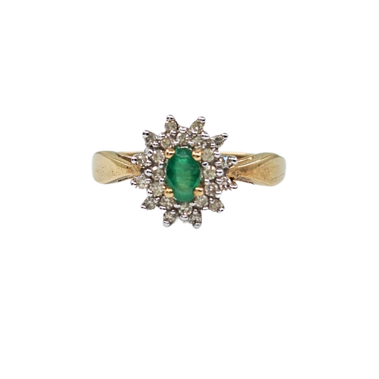 9ct Yellow Gold Emerald & Diamond Cluster Ring