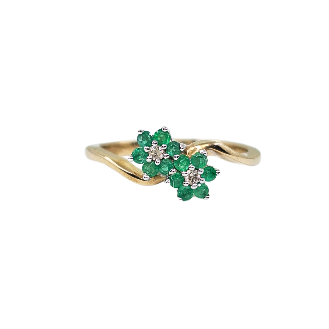 9ct Yellow Gold Emerald & Diamond Double Flower Cluster Ring