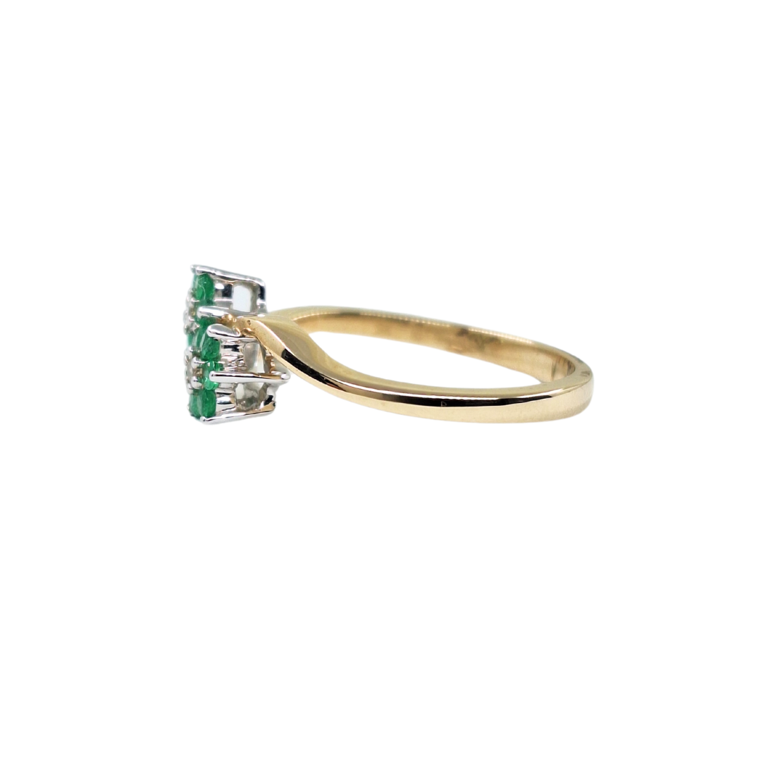9ct Yellow Gold Emerald & Diamond Double Flower Cluster Ring