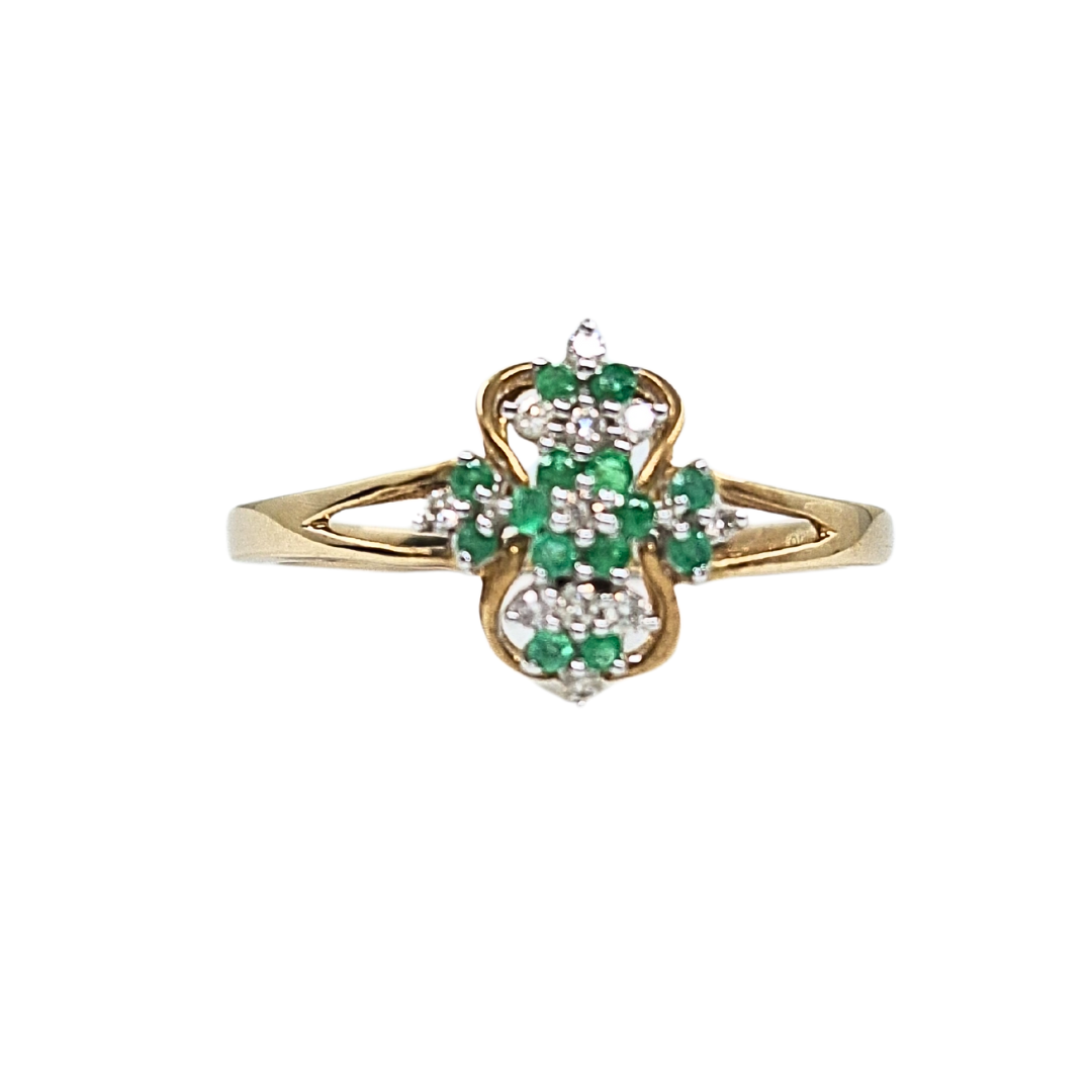 9ct Yellow Gold Emerald & Diamond Filigree Cluster Ring