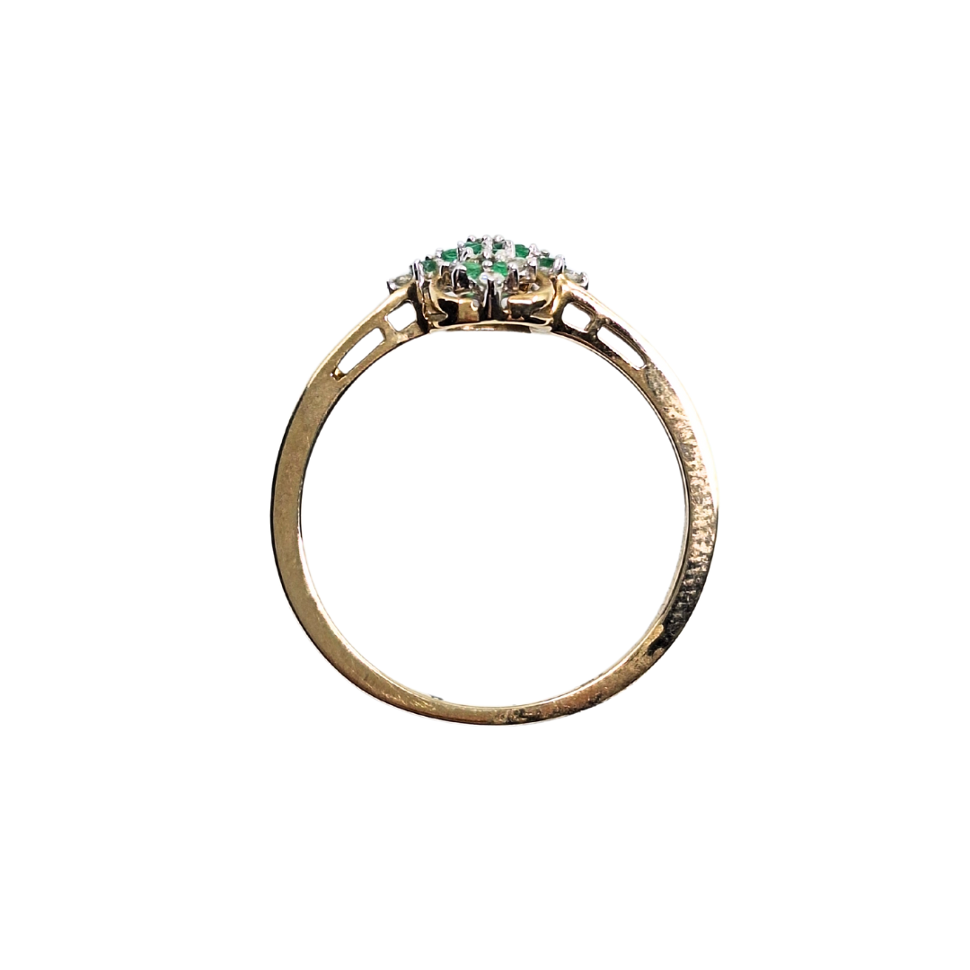 9ct Yellow Gold Emerald & Diamond Filigree Cluster Ring